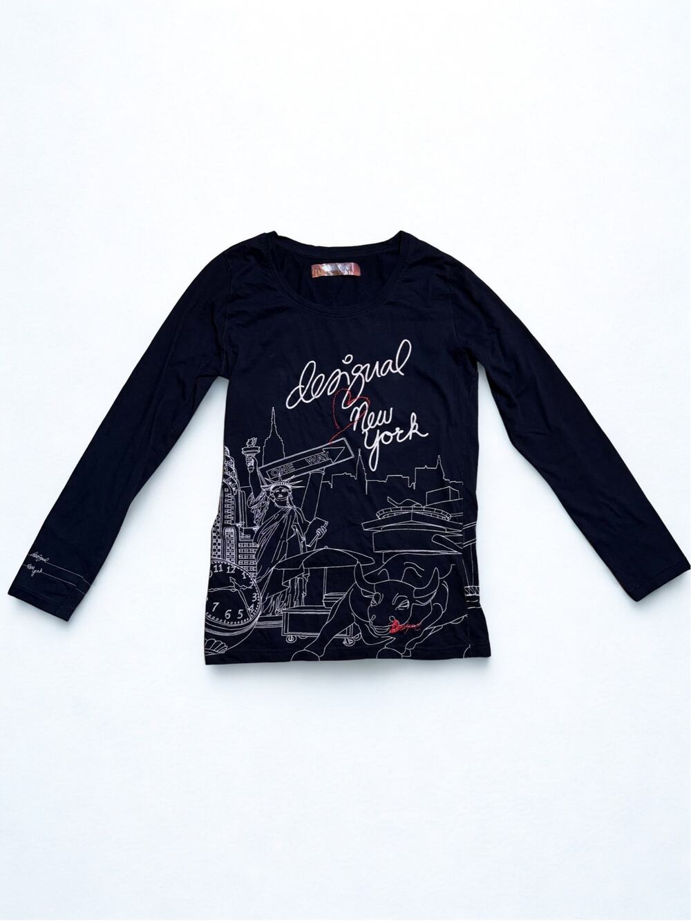 Desigual New York Embroidered Black Long Sleeve Tee Red Contrast Stitching
